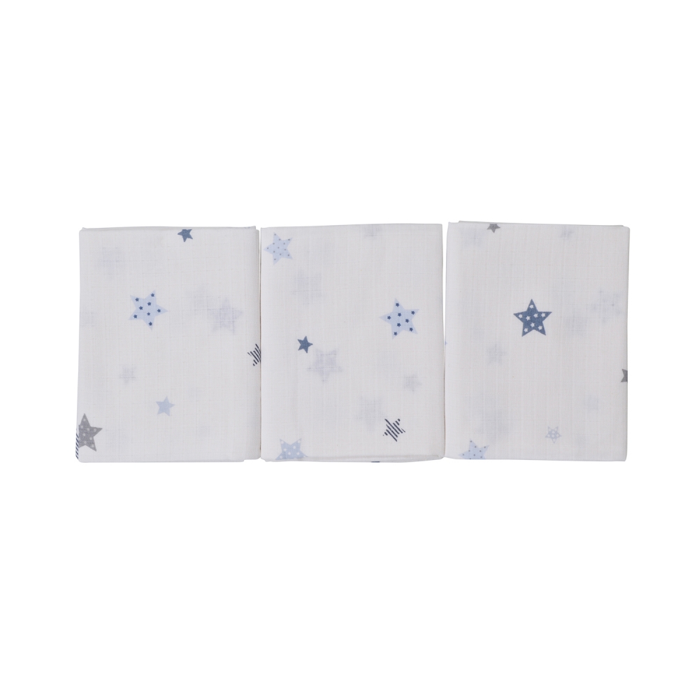 Set 3 scutece muselina din bumbac organic 100 Nichiduta Blue and grey stars - 1 | YEO