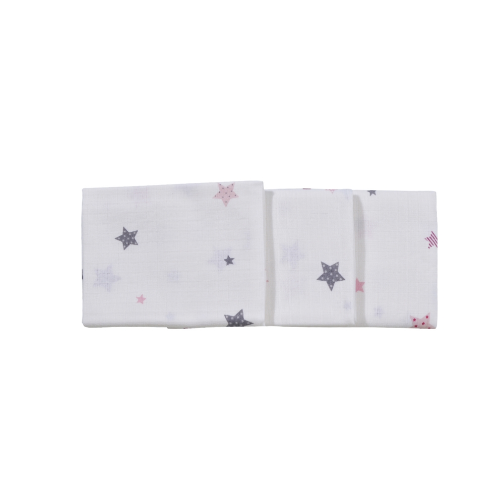 Set 3 scutece muselina din bumbac organic 100 Nichiduta Pink and grey stars - 1 | YEO