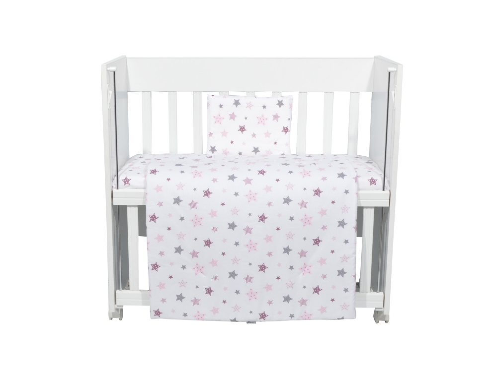 Set lenjerie 4 piese Mini Cot Pink and Grey Stars white