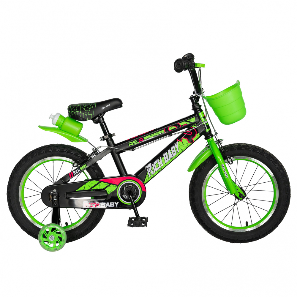 Bicicleta baieti Rich Baby R16WTB 16 inch cu roti ajutatoare 4-6 ani negruverde - 2