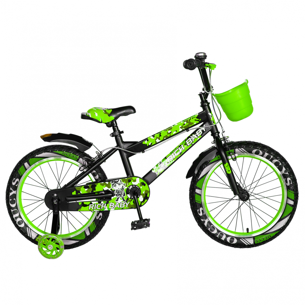 Bicicleta baieti Rich Baby R18WTA 18 inch cu roti ajutatoare si led 5-7 ani negruverde - 3