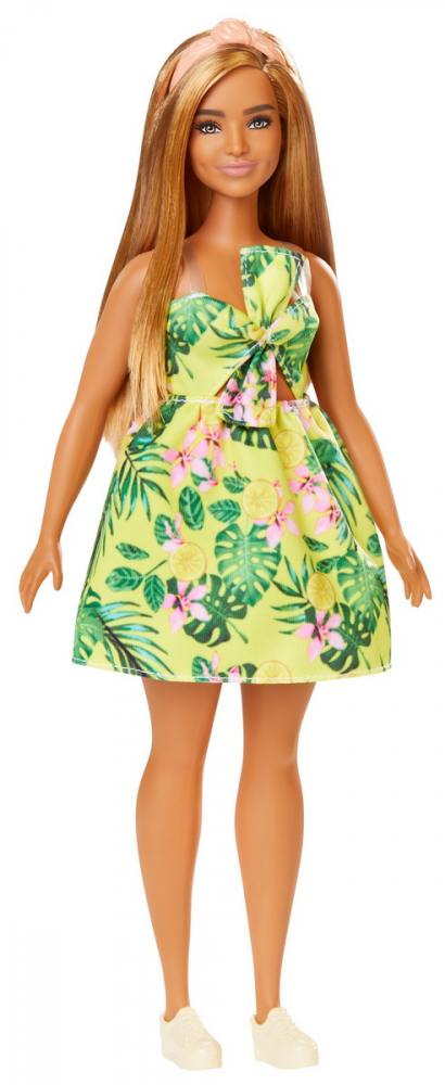 Papusa Barbie Fashionista blonda cu rochita verde inflorata