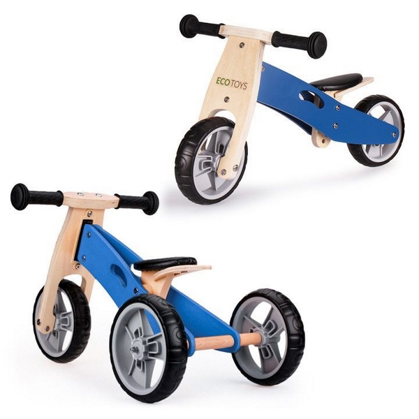 Tricicleta Ecotoys cu pedale 2 in 1 din lemn albastra