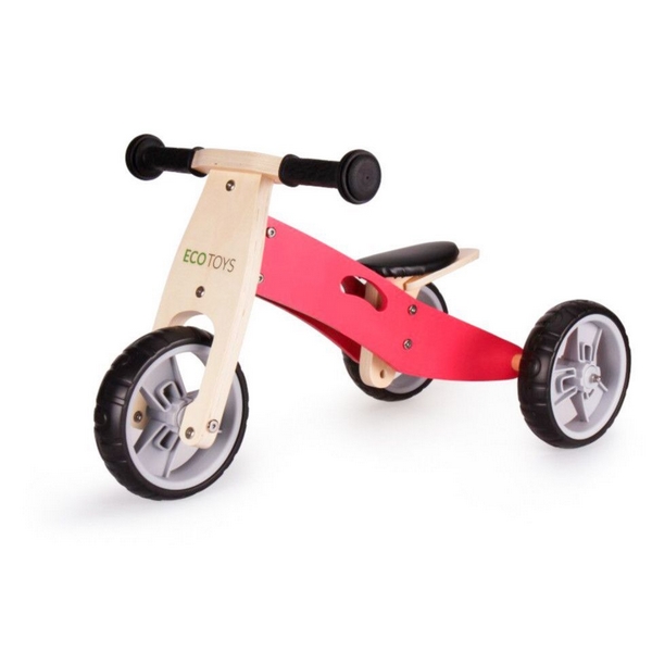 Tricicleta Ecotoys cu pedale 2 in 1 din lemn roz