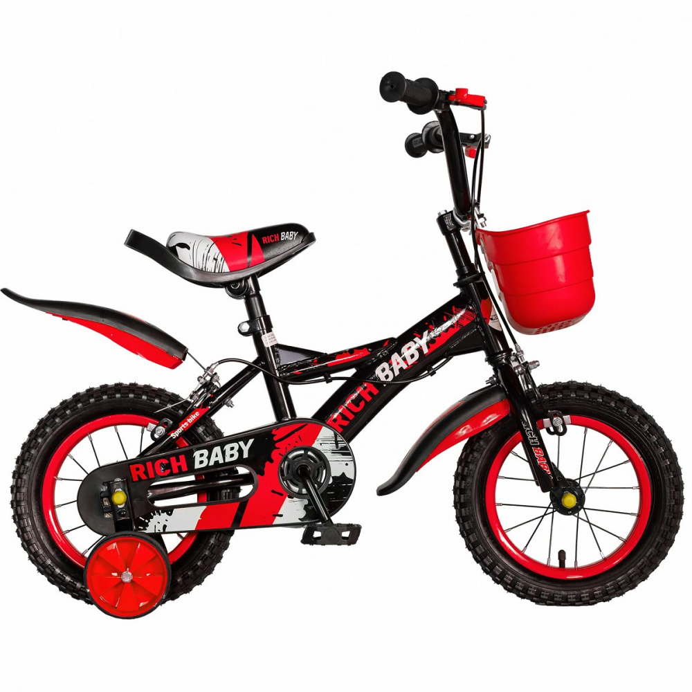 Bicicleta baieti Rich Baby T1204C 12 inch C-Brake cu roti ajutatoare 2-4 ani negrurosu