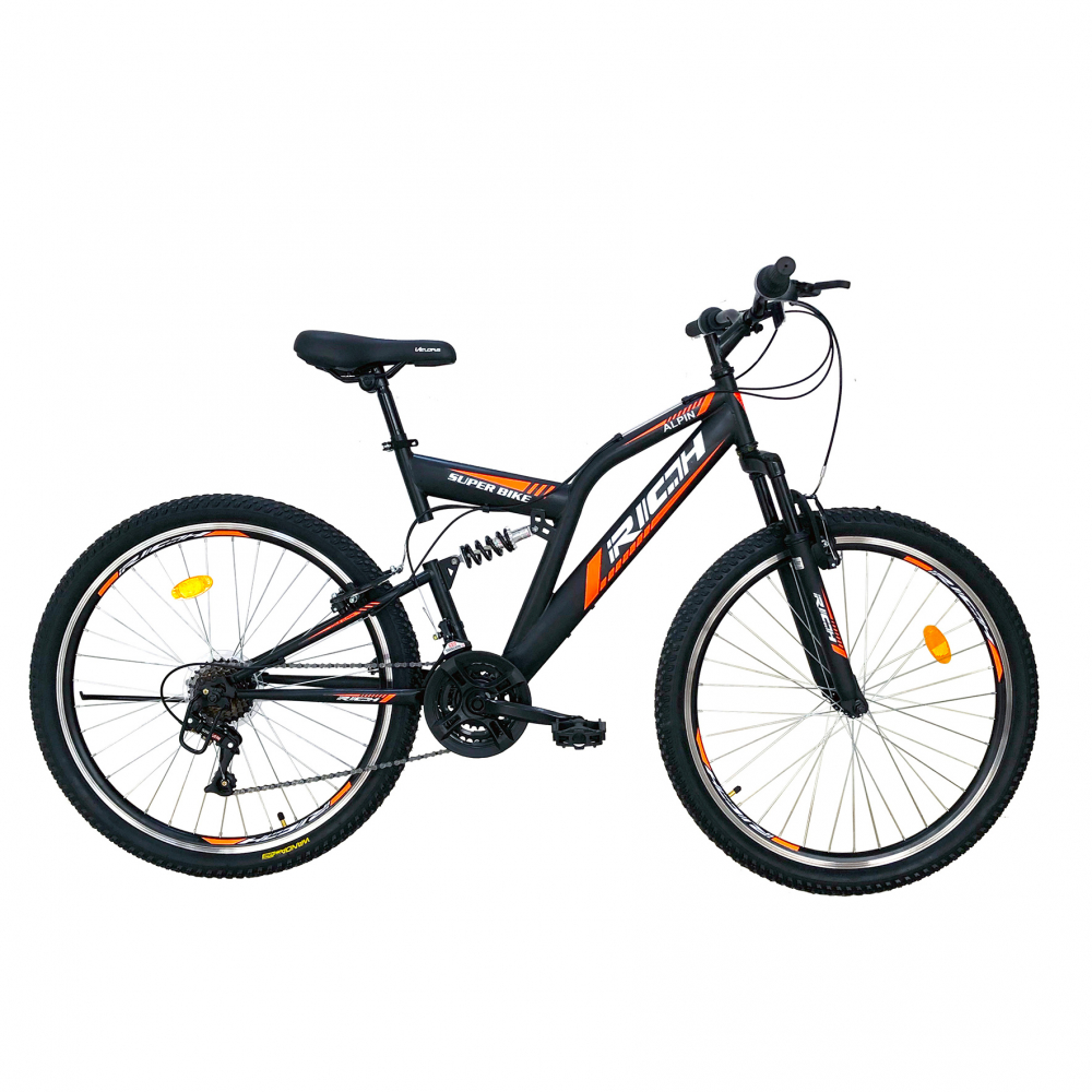 Bicicleta munte dubla suspensie Rich R2649A roata 26 frana V-Brake 18 viteze negru portocaliu