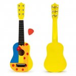 Chitara clasica din lemn pentru copii, cu 6 corzi metalice, 53cm, galben-multicolor, Ecotoys, FO18