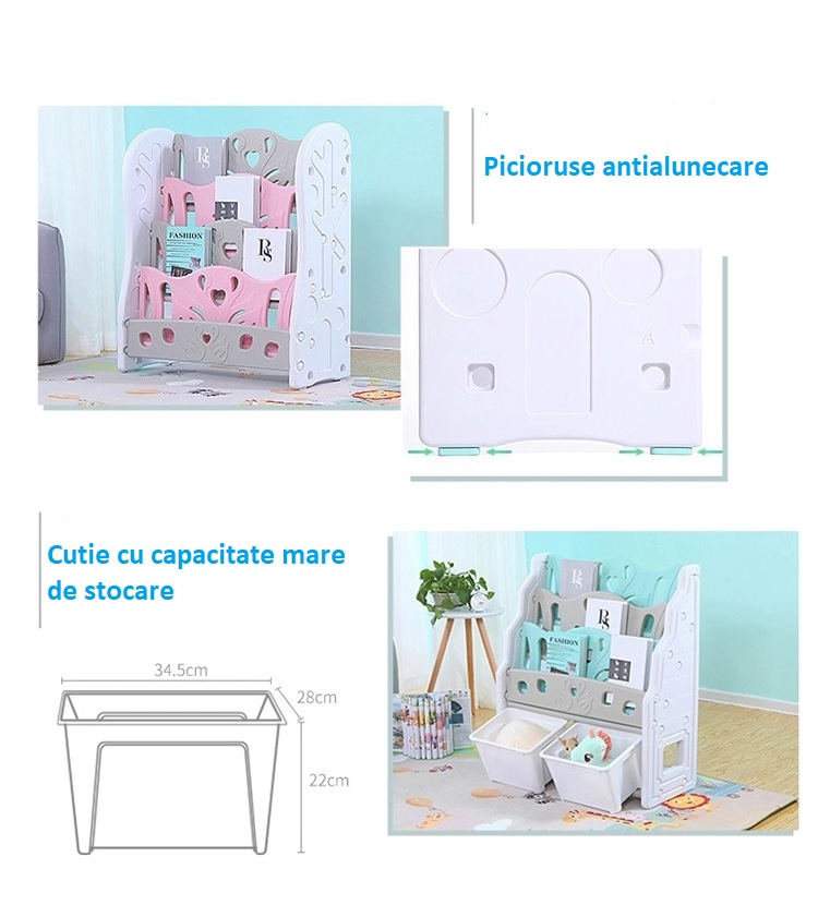 Organizator pentru carti cu 2 cutii depozitare jucarii Nichiduta Pink Swan