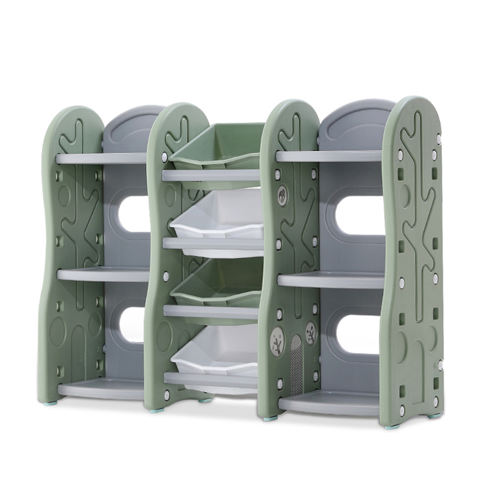 Raft organizator jucarii pentru copii Nichiduta Tree Green cu 4 cutii si 6 rafturi,robust cu margini rotunjite,ideal pentru acasa,crese si gradinite