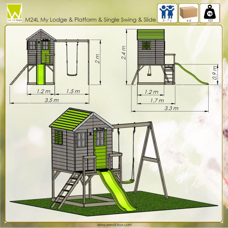 Casuta de gradina Lime Lodge cu platforma, tobogan si leagan M24L - 1 | YEO