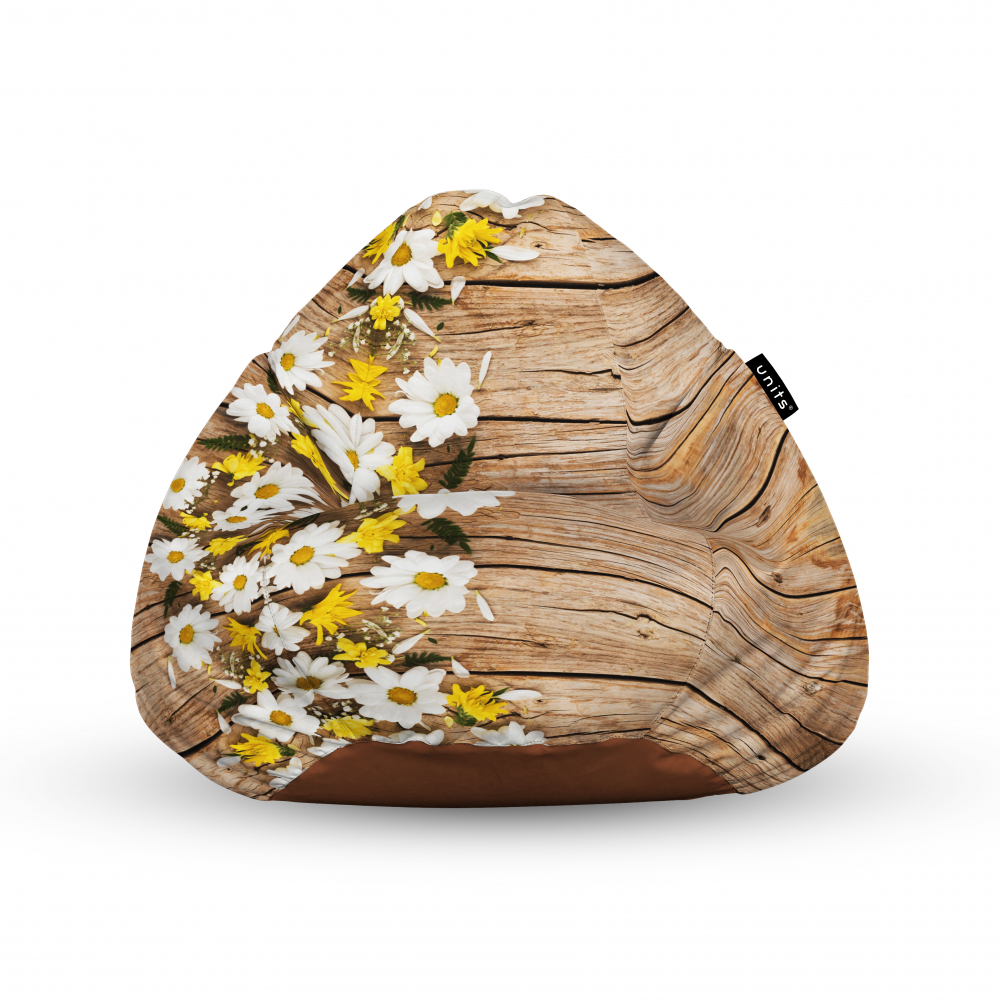 Fotoliu Units Puf Bean Bags tip para impermeabil cu maner lemn maro cu flori albe si galbene albe