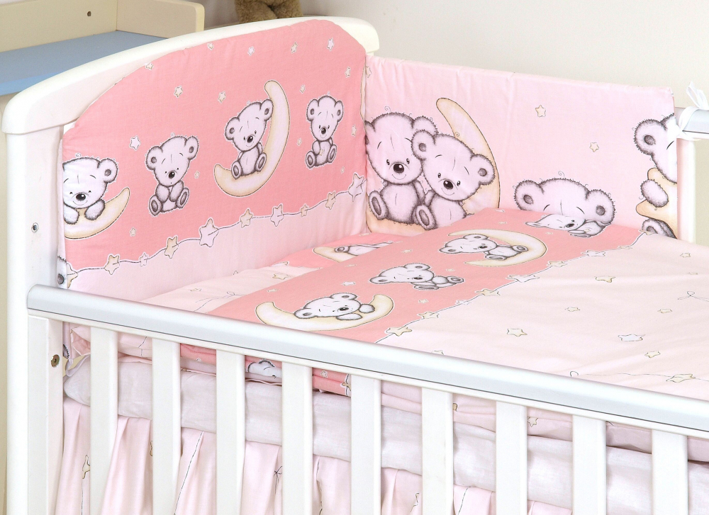 Set lenjerie din bumbac cu protectie laterala pentru pat bebelusi 120x60 cm Teddy Bear Pink - 2