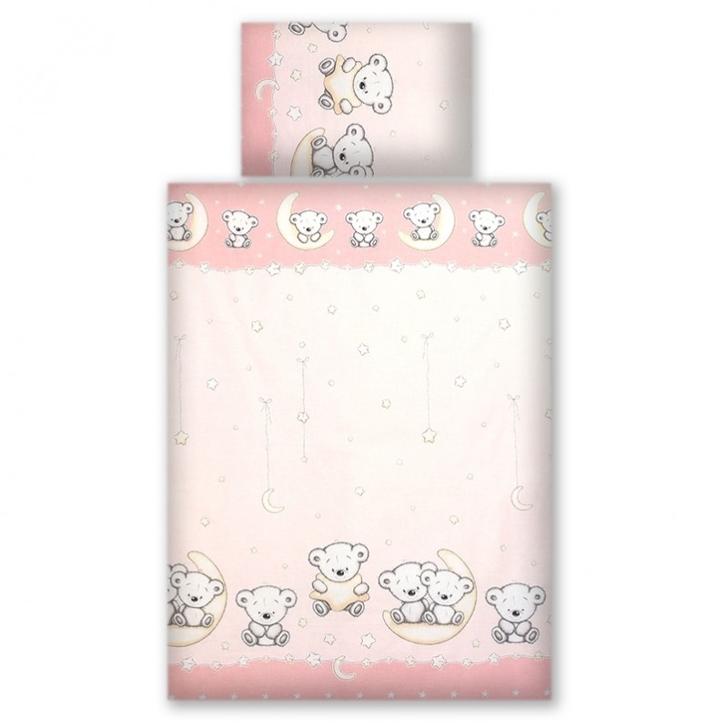 Set lenjerie din bumbac cu protectie laterala pentru pat bebelusi 120×60 cm Teddy Bear Pink AMY