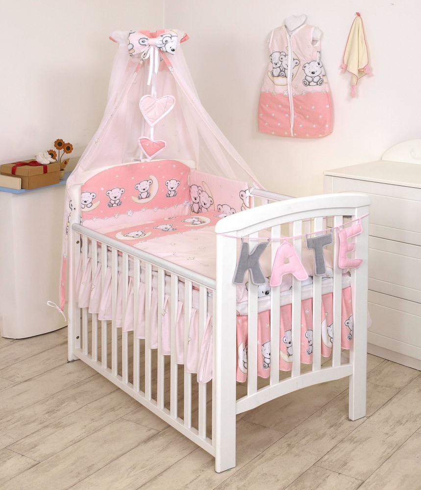 Set lenjerie din bumbac cu protectie laterala pentru pat bebelusi 120x60 cm Teddy Bear Pink - 1