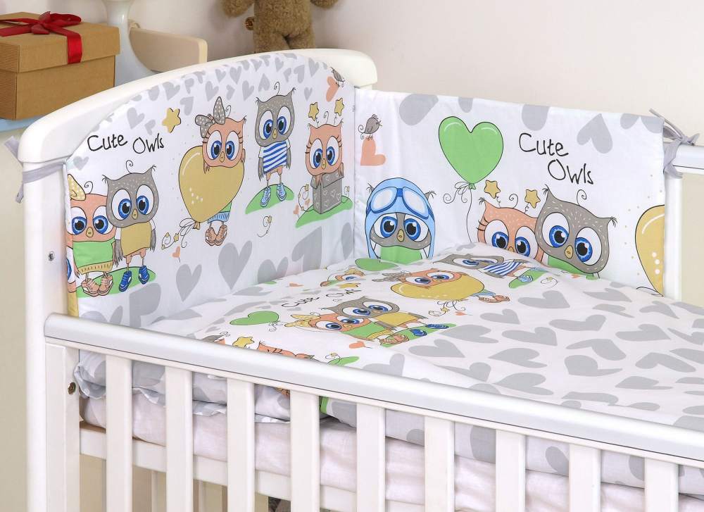 Set lenjerie din bumbac cu protectie laterala pentru pat bebelusi 120x60cm Bufnita Gri