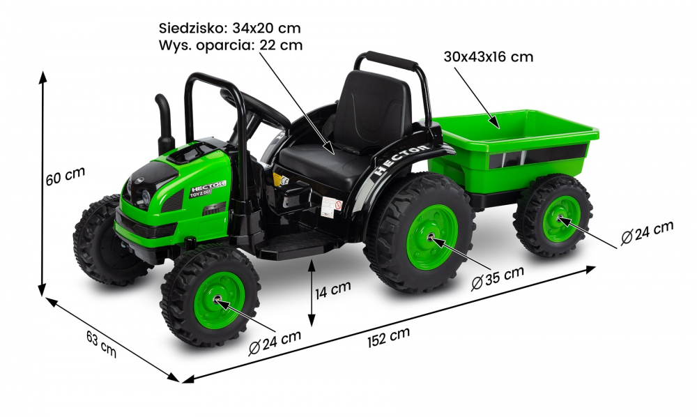 Tractor electric cu remorca si telecomanda Toyz Hector verde 12V - 1
