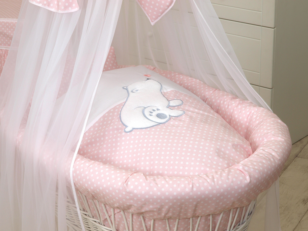 Cos bebe cu suport pe roti saltea lenjerie si baldachin Bear Heart Pink Amy Camera copilului