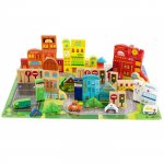 Blocuri din lemn cu covoras tip puzzle Ecotoys SAWT18689 Orasel 196 elemente