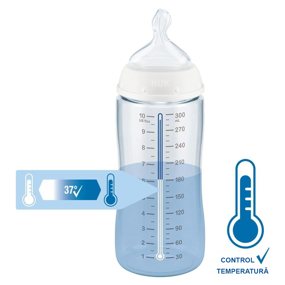 Biberon Nuk First Choice PP 300 ml Control Temperatura tetina silicon M 0-6 luni albastru