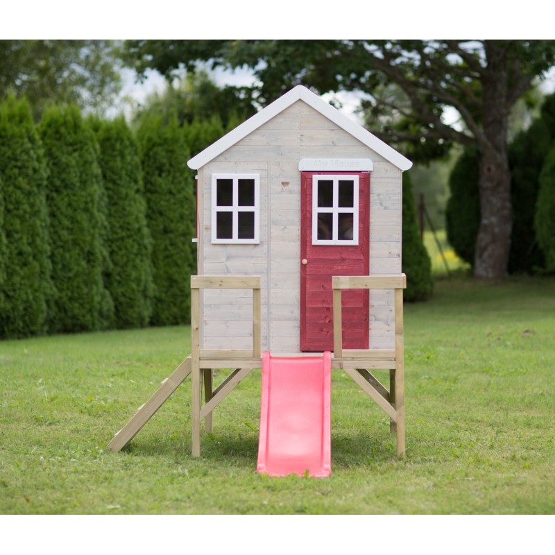 Casuta de gradina My Red Cottage House cu platforma si tobogan Wendi Toys roz