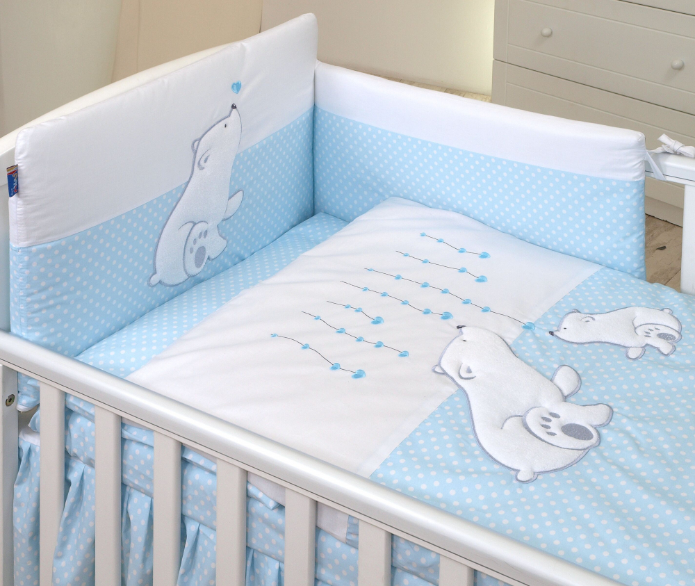 Set lenjerie din bumbac cu protectie laterala pentru pat bebelusi Bear Heart Blue 120x60 cm - 1