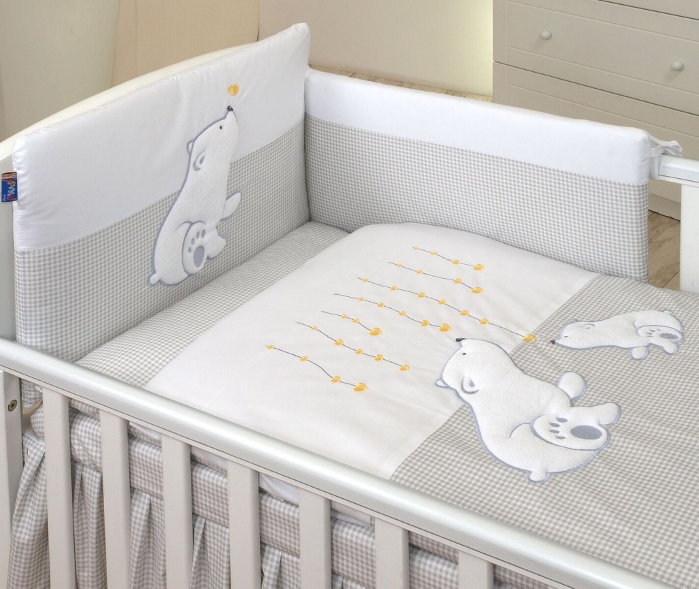 Set lenjerie din bumbac cu protectie laterala pentru pat bebelusi Bear Heart Grey 120x60 cm - 2