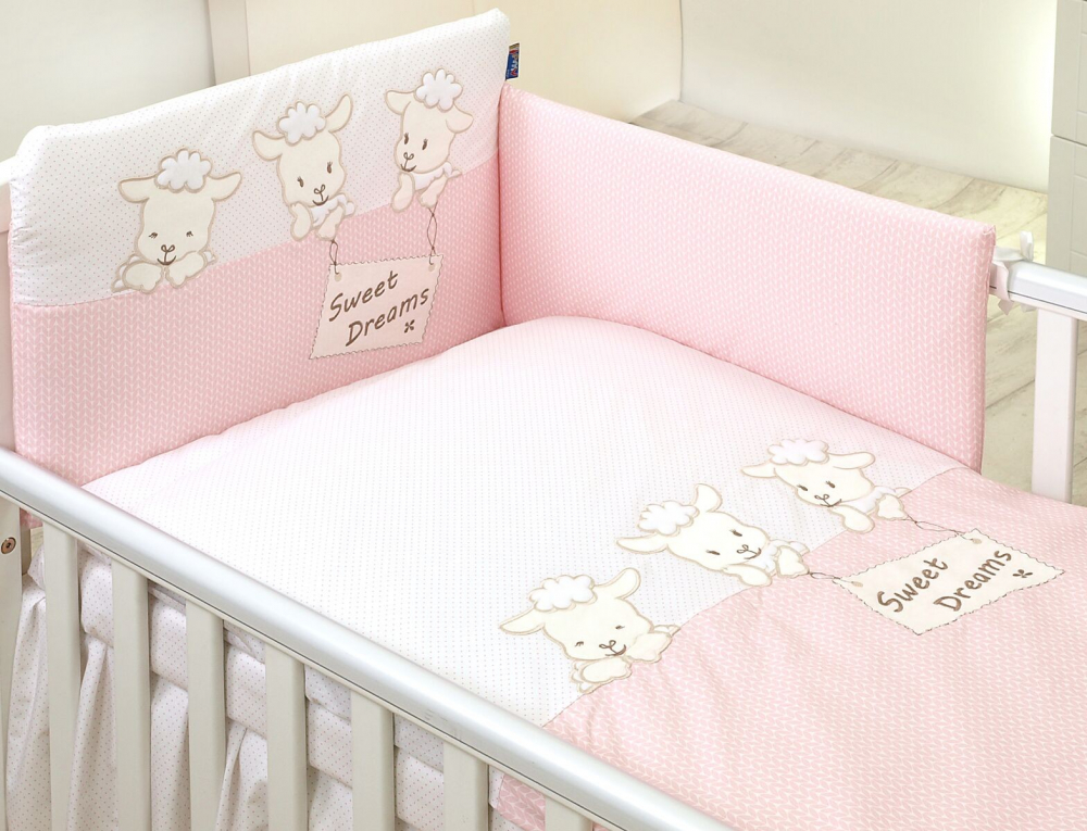Set lenjerie din bumbac cu protectie laterala pentru pat bebelusi Sweet Dreams Pink 120x60 cm - 1