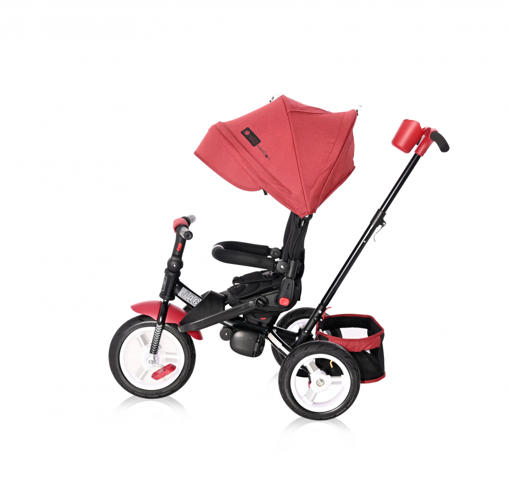 Tricicleta pentru copii Lorelli Jaguar Air Wheels Red  Black 4 in 1 multifunctionala,  cu maner cu control parental, scaun rotativ, spatar reglabil pe 2 pozitii, roti mari silentioase, din cauciuc cu camera - 1 | YEO