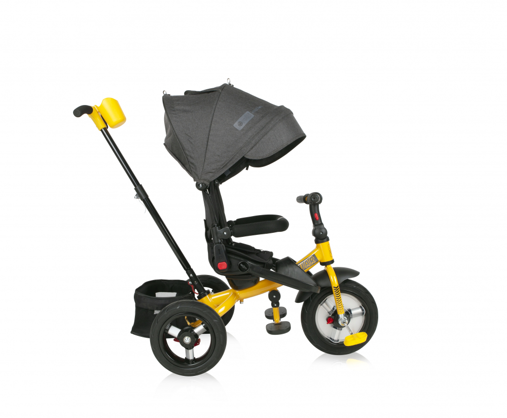 Tricicleta pentru copii Lorelli Jaguar Air Black Yellow 4 in 1 multifunctionala, roti mari gonflabile, sezut rotativ, spatar inalt reglabil, 2 tipuri de suport pentru picioare si copertina pliabila - 1 | YEO