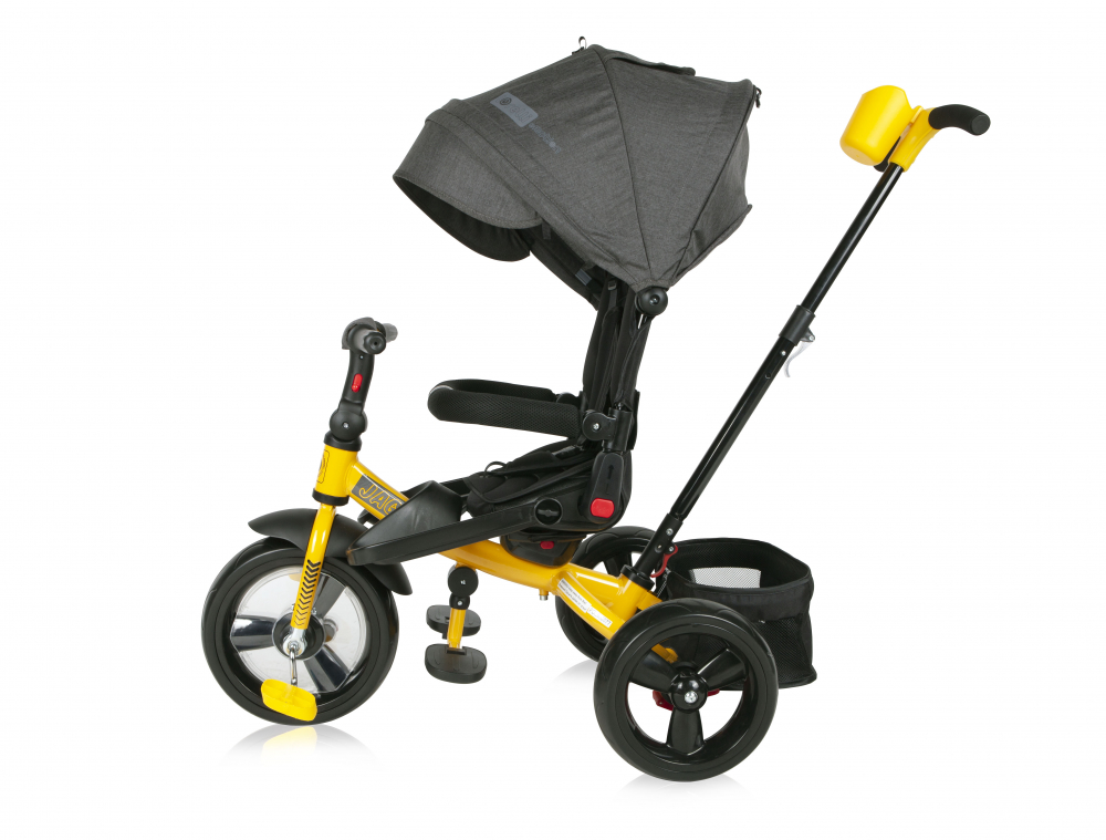 Tricicleta pentru copii Lorelli Jaguar Black  Yellow 4 in 1 multifunctionala, cu maner cu control parental, scaun rotativ, 2 tipuri de suport pentru picioare si spatar inalt reglabil pe 2 pozitii - 1 | YEO