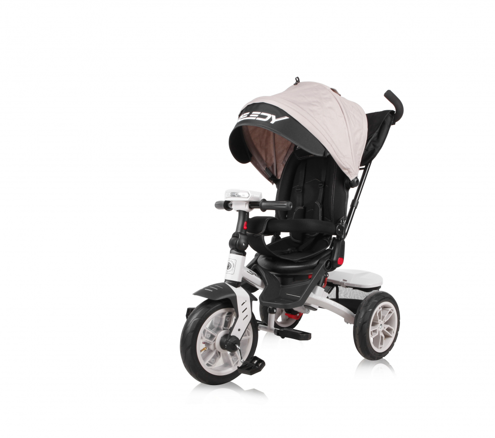 Tricicleta pentru copii Lorelli Speedy Air IvoryBlack multifunctionala, 4 in 1, scaun rotativ, spatar inalt reglabil pe 3 pozitii, maner cu control parental, 2 tipuri de suport pentru picioare - 1 | YEO