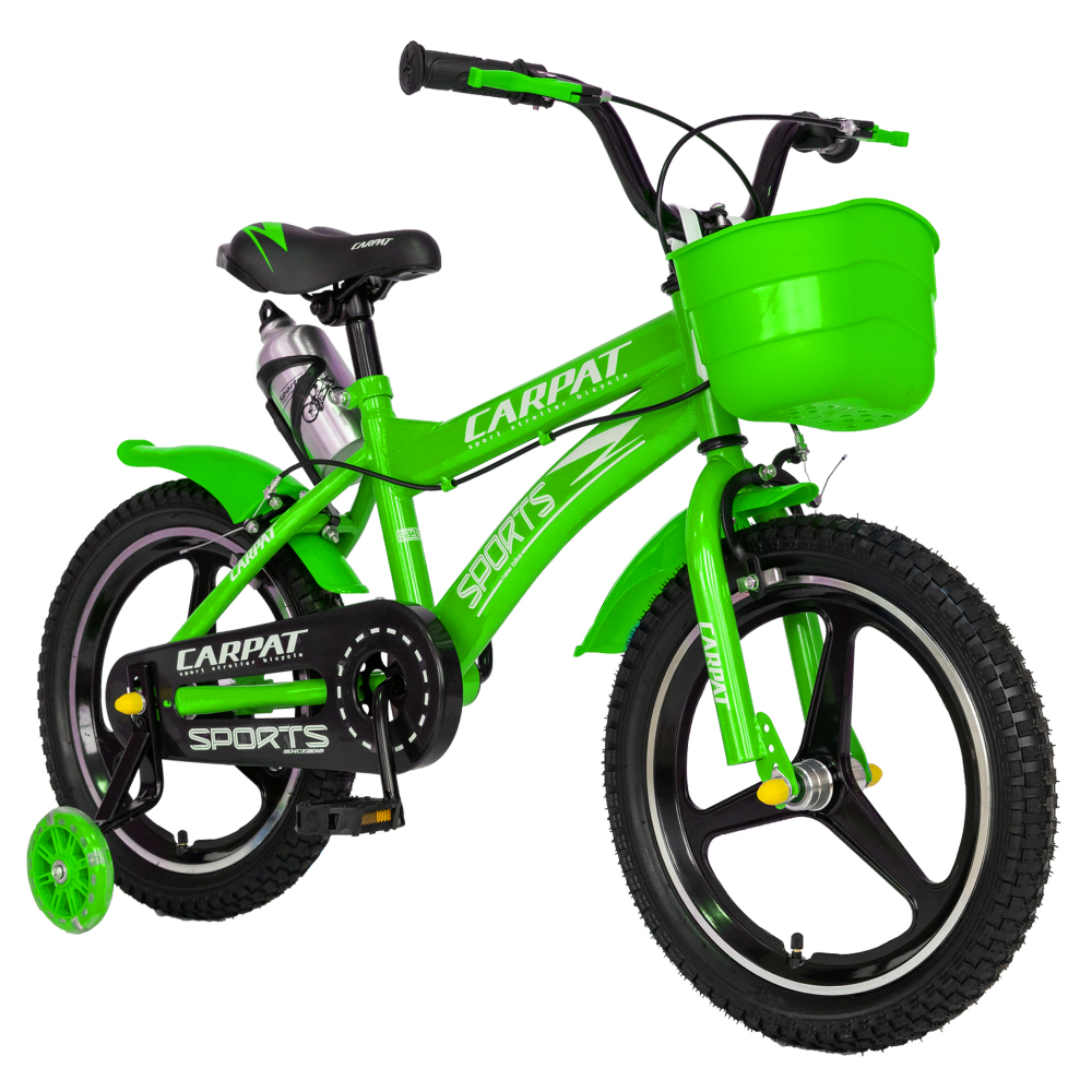 Bicicleta copii 4-6 ani 16 inch roti ajutatoare cu led C1600A cadru verde cu design alb Carpat Kids (4-6 imagine 2022 protejamcopilaria.ro