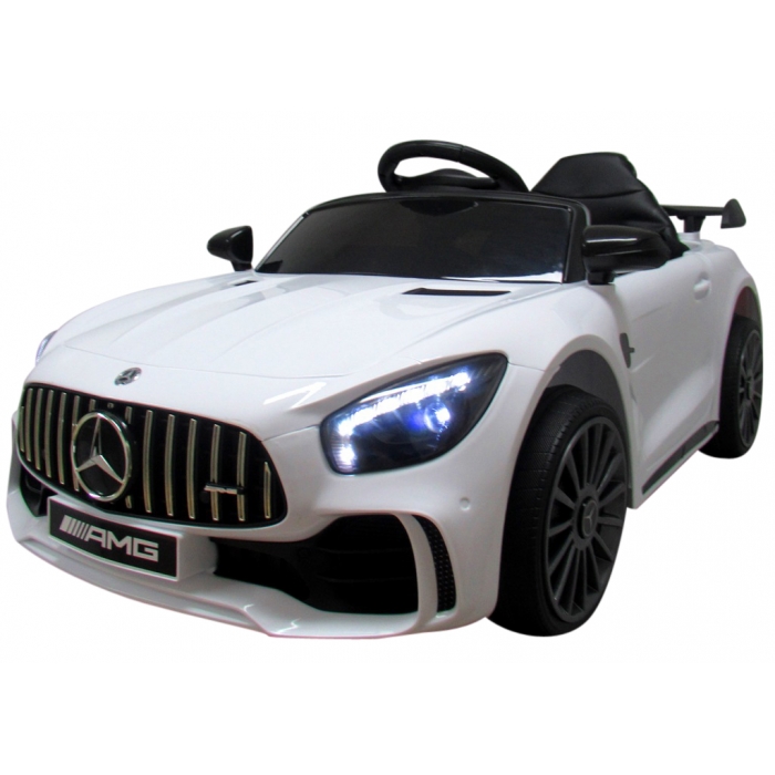 Masinuta electrica cu telecomanda 70W  Mercedes AMG GTR-S R-Sport Alb , scaun de piele si roti Eva , unitate audio cu display si Mp3, functie slow start