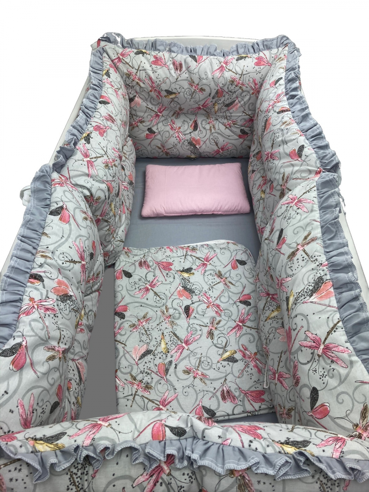 Set 6 aparatori protectii laterale patut 140x70 cm libelule gri