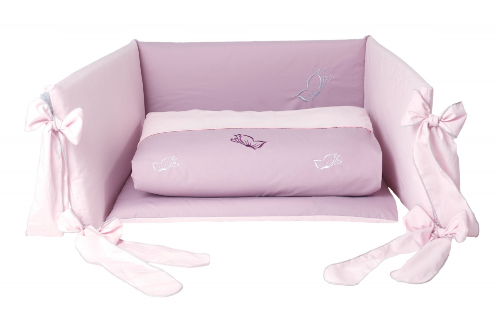 Set lenjerie din bumbac cu protectie laterala pentru pat bebelusi Butterfly Pink 120 x 60 cm - 2