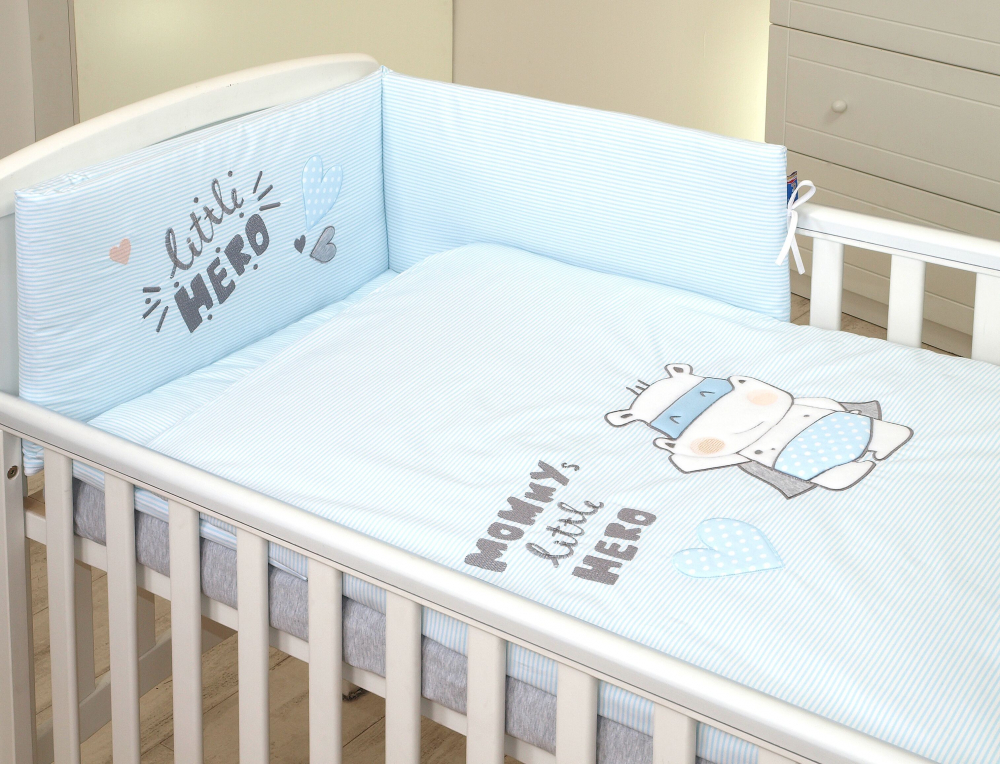 Set lenjerie din bumbac cu protectie laterala pentru pat bebelusi Hero Blue 120 x 60 cm - 2