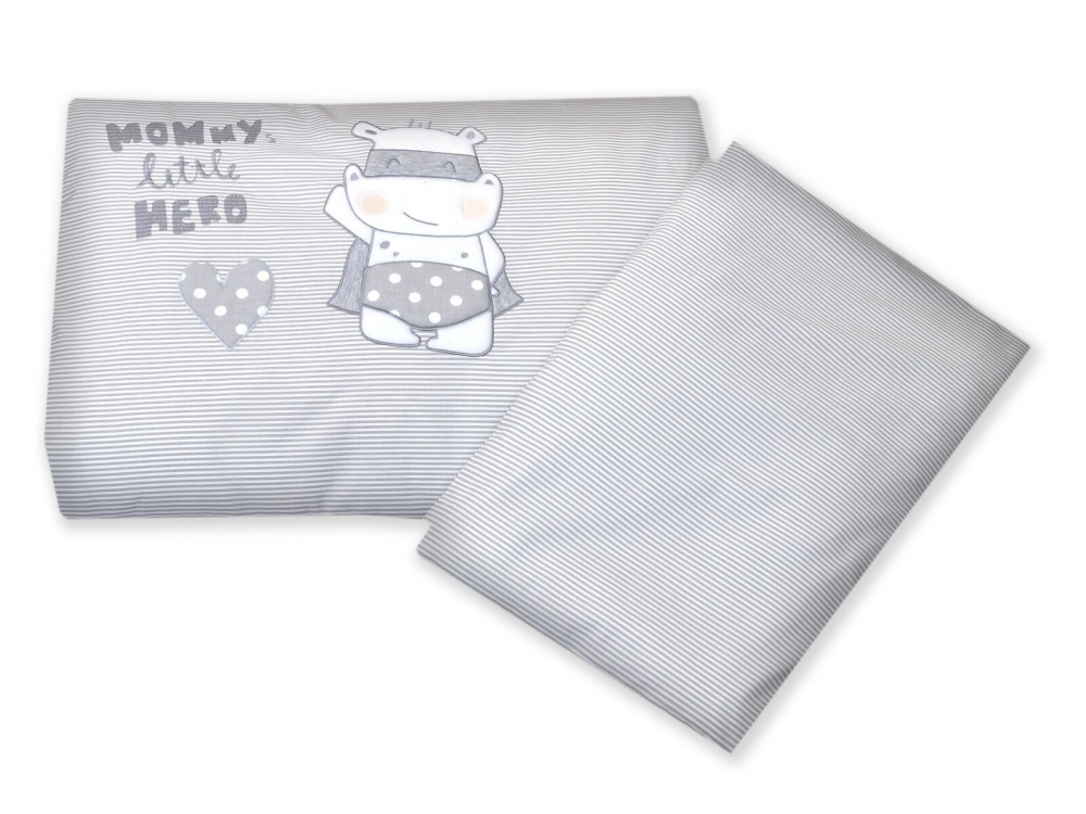 Set lenjerie din bumbac cu protectie laterala pentru pat bebelusi Hero Grey 120 x 60 cm - 1