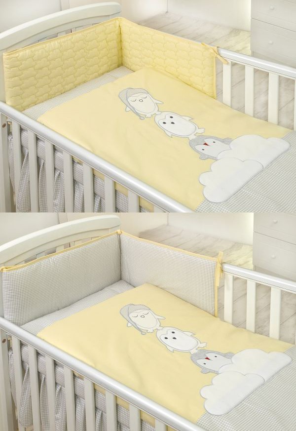 Set lenjerie din bumbac cu protectie laterala pentru pat bebelusi Pinguin Galben 120 x 60 cm AMY