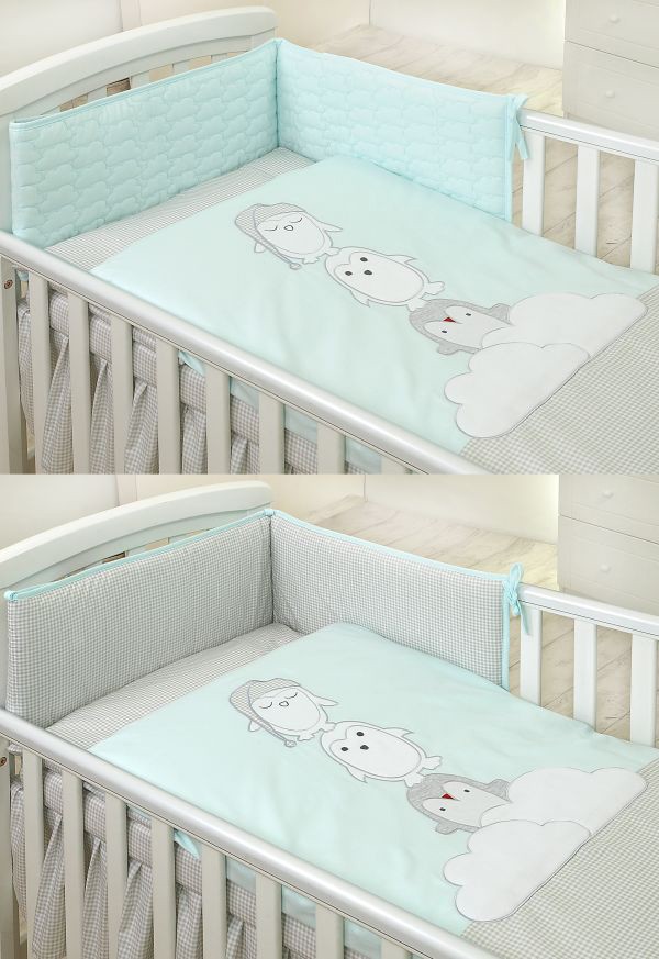 Set lenjerie din bumbac cu protectie laterala pentru pat bebelusi Pinguin Mint 120 x 60 cm