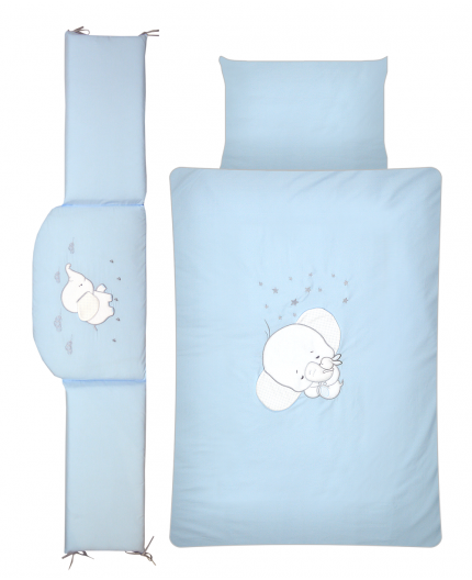 Set lenjerie din bumbac cu protectie laterala pentru pat bebelusi Elephant Blue 120 x 60 cm 120