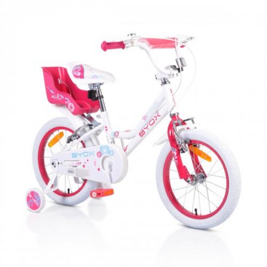 Bicicleta pentru fetite Byox cu roti ajutatoare si portbagaj papusi Princess White 16 inch