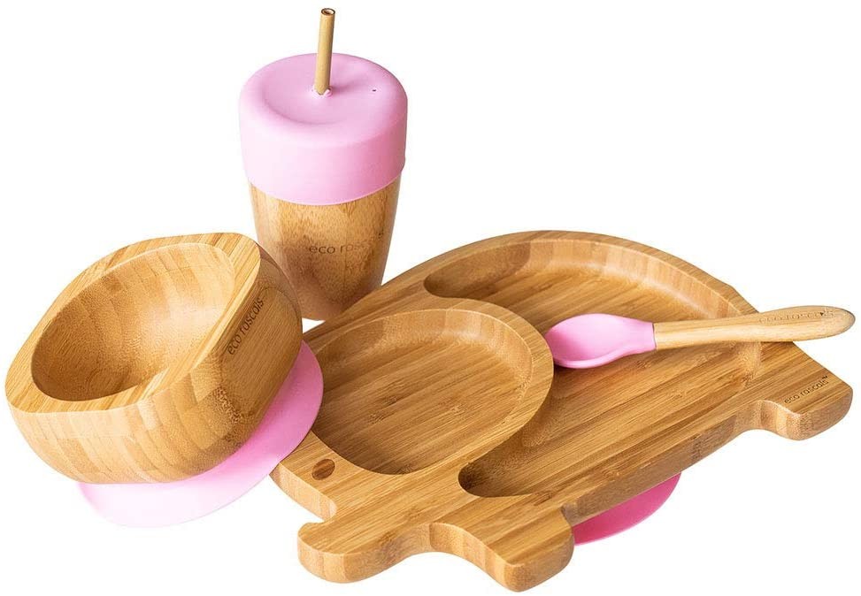 Set cadou din bambus Elefantel roz Ecorascals Alimentatie