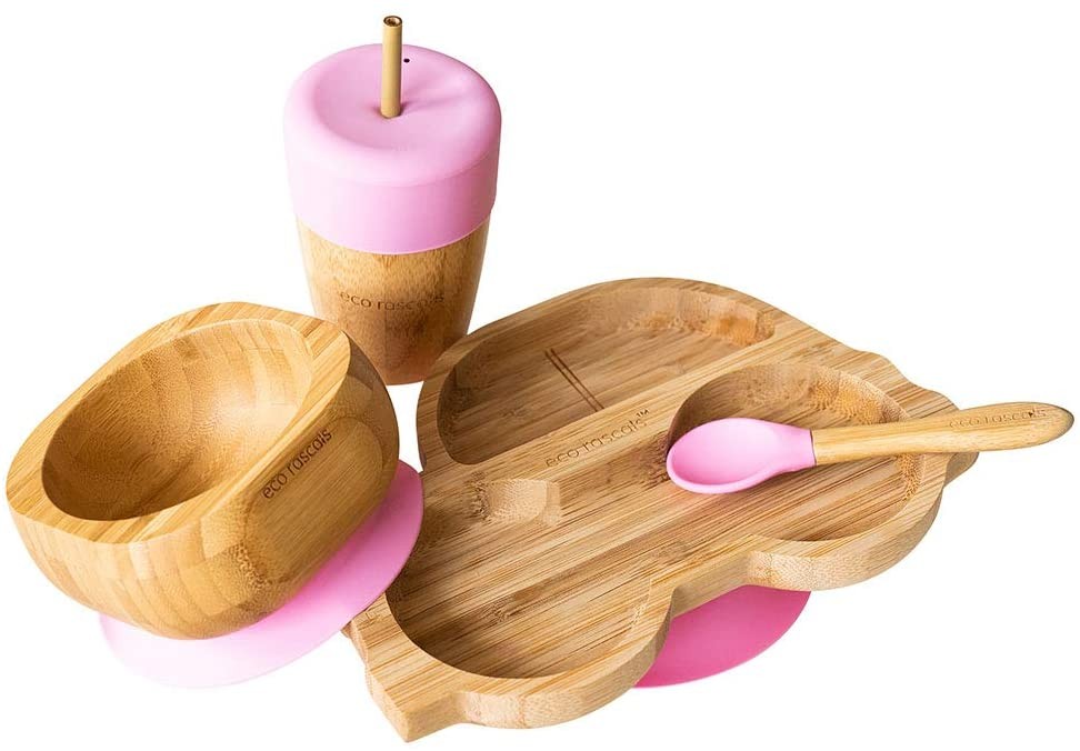 Set cadou din bambus Masinuta roz Ecorascals Alimentatie