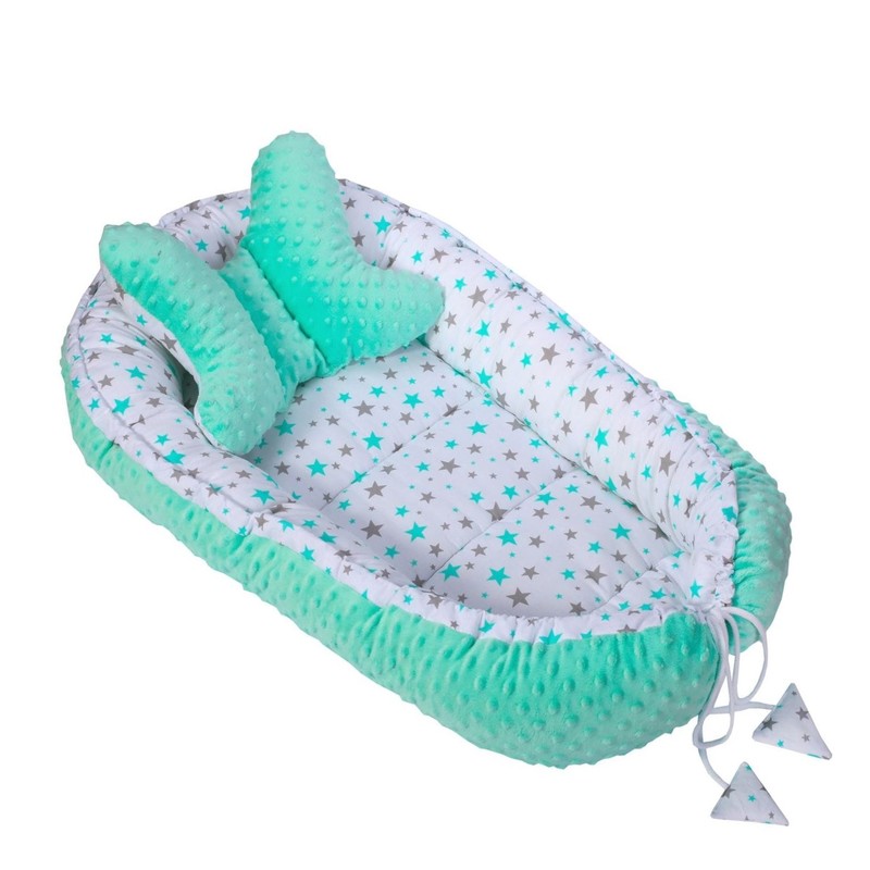 Baby Nest multifunctional cu doua tipuri de material Minky Turquoise Stars Baby imagine 2022 protejamcopilaria.ro
