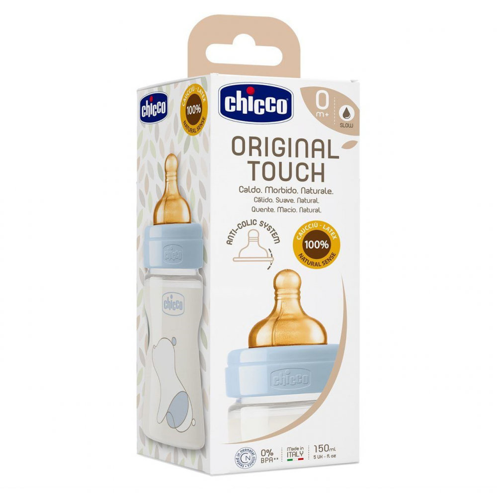 Biberon Chicco PP original Touch 150 ml tetina cauciuc flux lent baieti 0 luni+ (flux imagine 2022