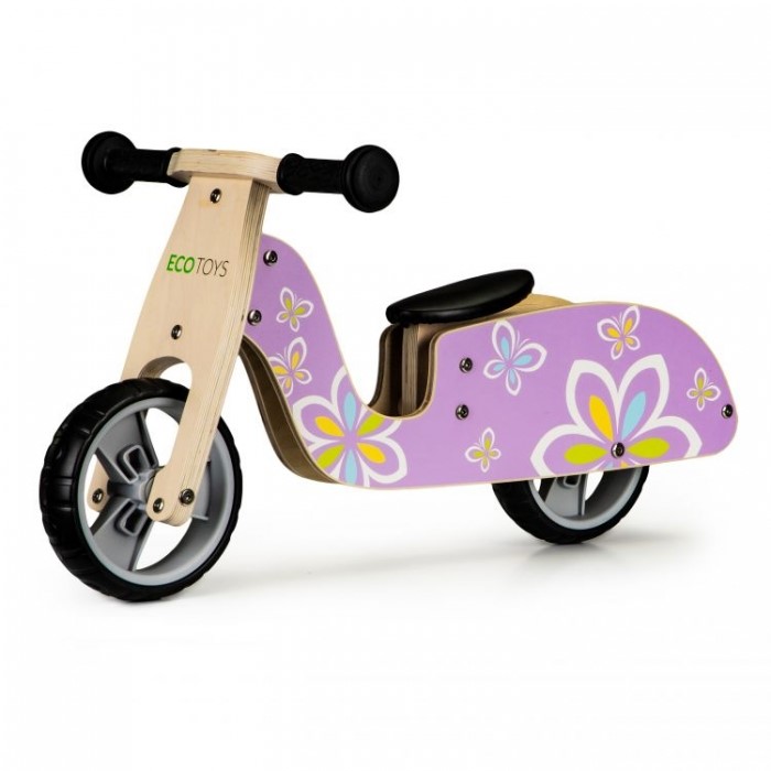 Bicicleta de echilibru din lemn cu roti EVA Ecotoys LC-V1330 Violet cu fluturasi - 5