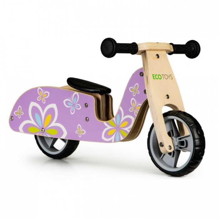 Bicicleta de echilibru din lemn cu roti EVA Ecotoys LC-V1330 Violet cu fluturasi - 1