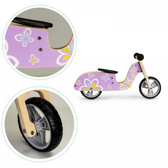 Bicicleta de echilibru din lemn cu roti EVA Ecotoys LC-V1330 Violet cu fluturasi - 3