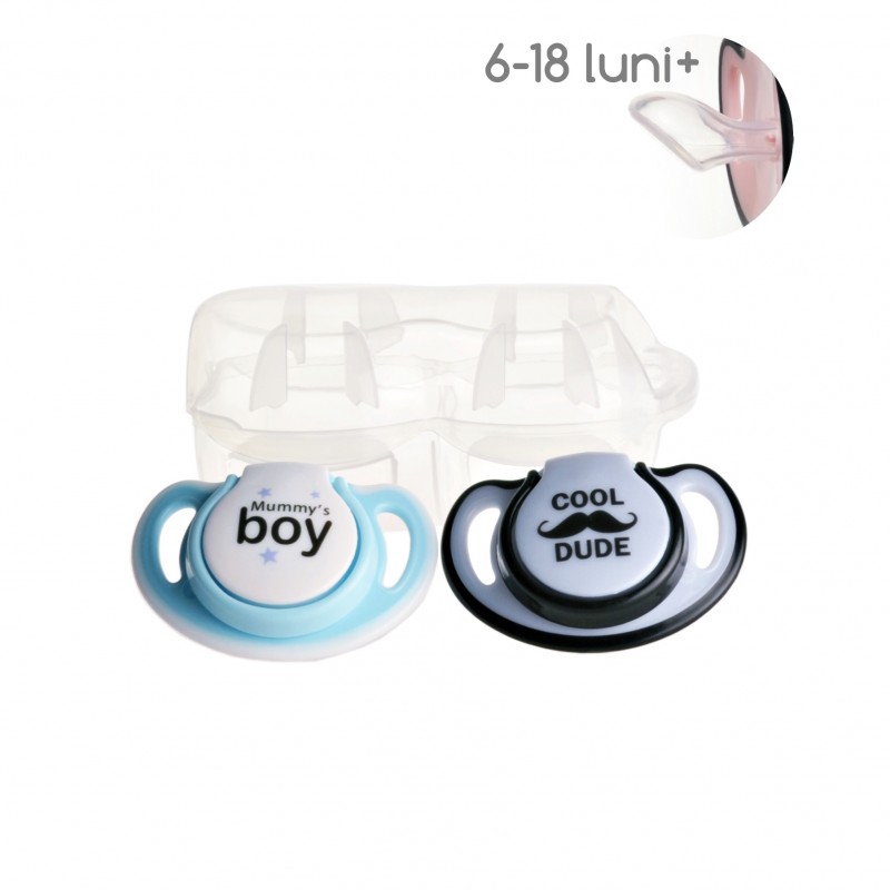 Set 2 suzete ortodontice din silicon si cutie sterilizare Minut Baby 6-18+ blue