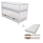 Patut din lemn masiv cu sertar 120x60 cm Doha white + saltea Cocos